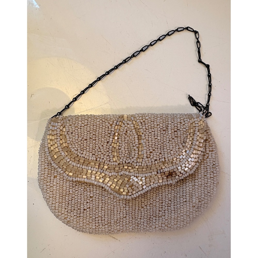 Vintage Beaded Evening Bag Cream Champagne Art Deco Geometric Chain Strap Clutch